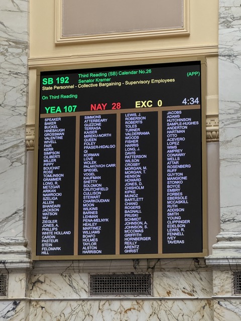 The vote count for SB 192 displayed in the State House